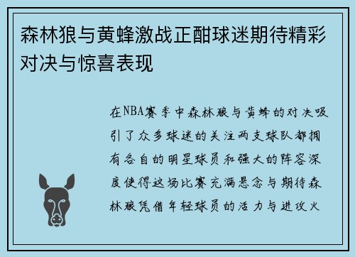 森林狼与黄蜂激战正酣球迷期待精彩对决与惊喜表现